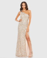 Beige Sequin One Shoulder Gown With Slit